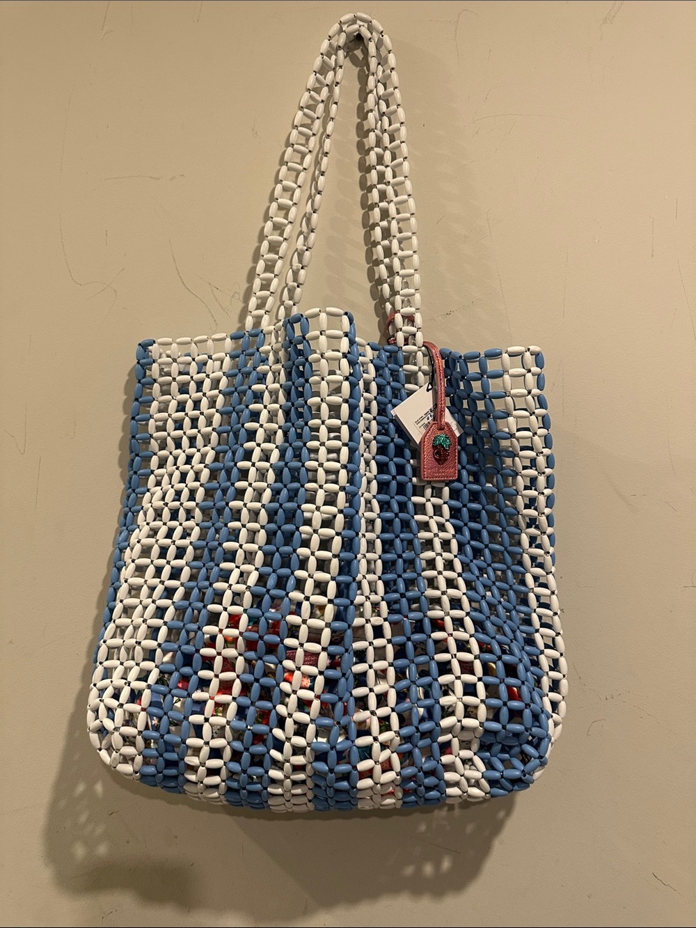 Kurt Geiger Blue and White Woven Tote with Red Tag